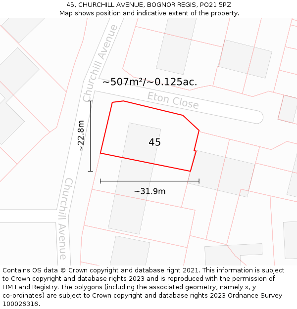 45, CHURCHILL AVENUE, BOGNOR REGIS, PO21 5PZ: Plot and title map