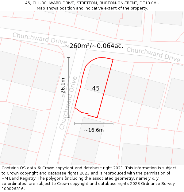 45, CHURCHWARD DRIVE, STRETTON, BURTON-ON-TRENT, DE13 0AU: Plot and title map