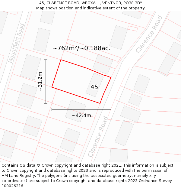 45, CLARENCE ROAD, WROXALL, VENTNOR, PO38 3BY: Plot and title map