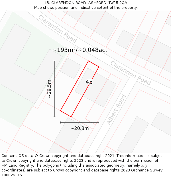 45, CLARENDON ROAD, ASHFORD, TW15 2QA: Plot and title map