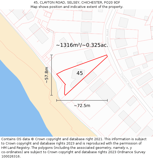 45, CLAYTON ROAD, SELSEY, CHICHESTER, PO20 9DF: Plot and title map