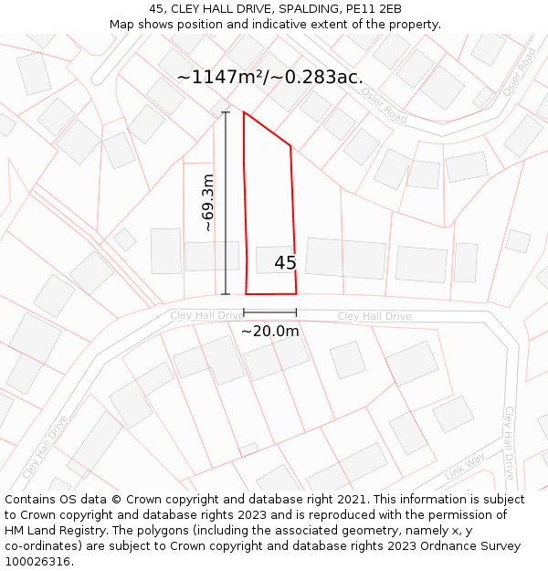 45, CLEY HALL DRIVE, SPALDING, PE11 2EB: Plot and title map