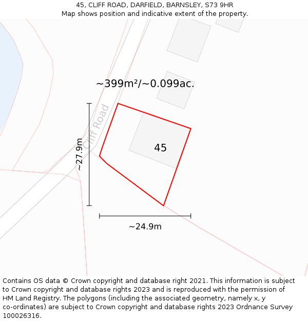 45, CLIFF ROAD, DARFIELD, BARNSLEY, S73 9HR: Plot and title map