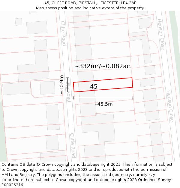 45, CLIFFE ROAD, BIRSTALL, LEICESTER, LE4 3AE: Plot and title map