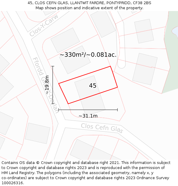 45, CLOS CEFN GLAS, LLANTWIT FARDRE, PONTYPRIDD, CF38 2BS: Plot and title map