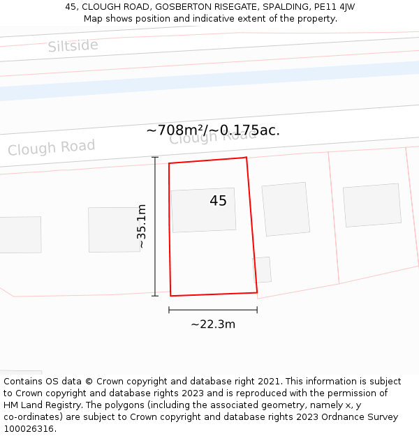 45, CLOUGH ROAD, GOSBERTON RISEGATE, SPALDING, PE11 4JW: Plot and title map