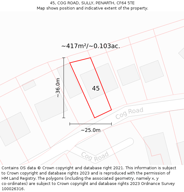 45, COG ROAD, SULLY, PENARTH, CF64 5TE: Plot and title map