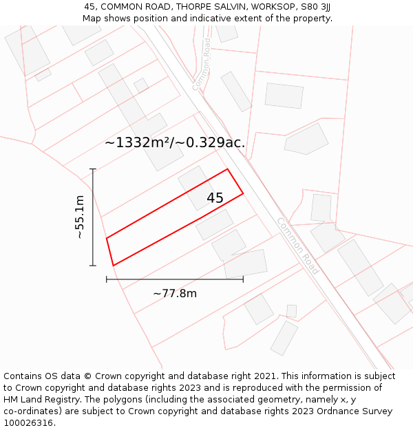 45, COMMON ROAD, THORPE SALVIN, WORKSOP, S80 3JJ: Plot and title map