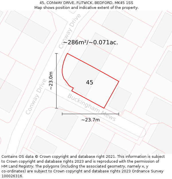 45, CONWAY DRIVE, FLITWICK, BEDFORD, MK45 1SS: Plot and title map