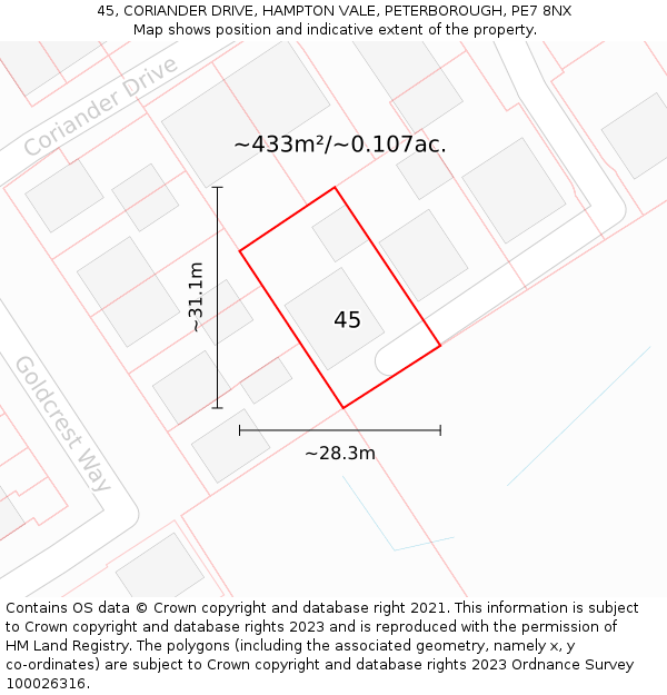 45, CORIANDER DRIVE, HAMPTON VALE, PETERBOROUGH, PE7 8NX: Plot and title map