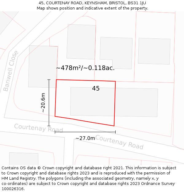 45, COURTENAY ROAD, KEYNSHAM, BRISTOL, BS31 1JU: Plot and title map