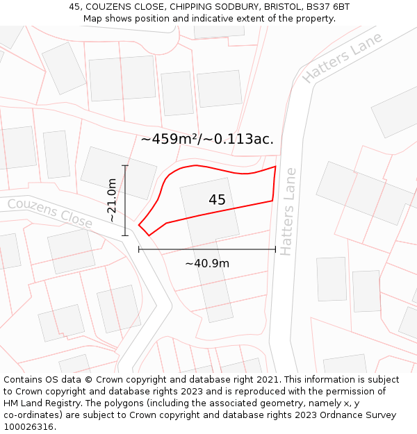 45, COUZENS CLOSE, CHIPPING SODBURY, BRISTOL, BS37 6BT: Plot and title map