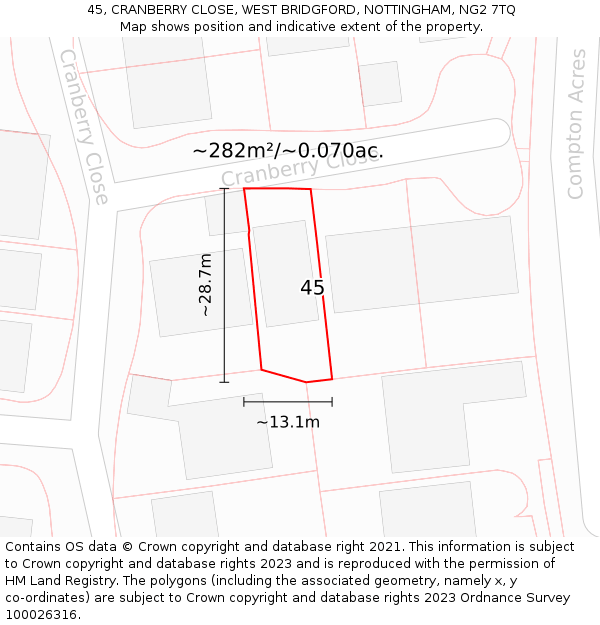 45, CRANBERRY CLOSE, WEST BRIDGFORD, NOTTINGHAM, NG2 7TQ: Plot and title map