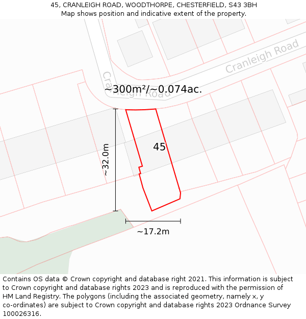 45, CRANLEIGH ROAD, WOODTHORPE, CHESTERFIELD, S43 3BH: Plot and title map