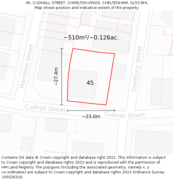 45, CUDNALL STREET, CHARLTON KINGS, CHELTENHAM, GL53 8HL: Plot and title map