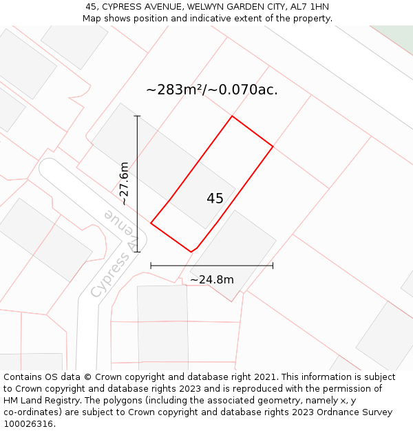 45, CYPRESS AVENUE, WELWYN GARDEN CITY, AL7 1HN: Plot and title map