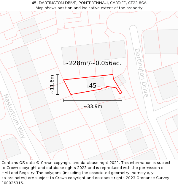 45, DARTINGTON DRIVE, PONTPRENNAU, CARDIFF, CF23 8SA: Plot and title map