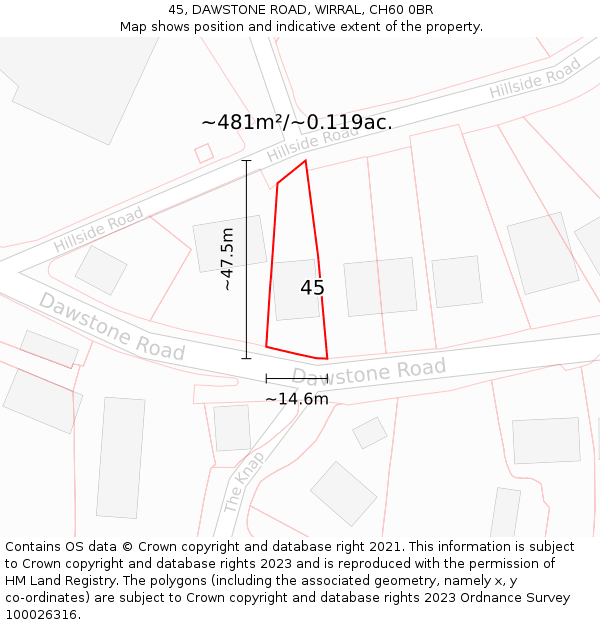 45, DAWSTONE ROAD, WIRRAL, CH60 0BR: Plot and title map