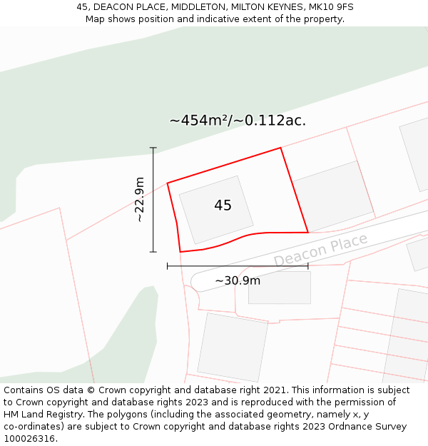 45, DEACON PLACE, MIDDLETON, MILTON KEYNES, MK10 9FS: Plot and title map