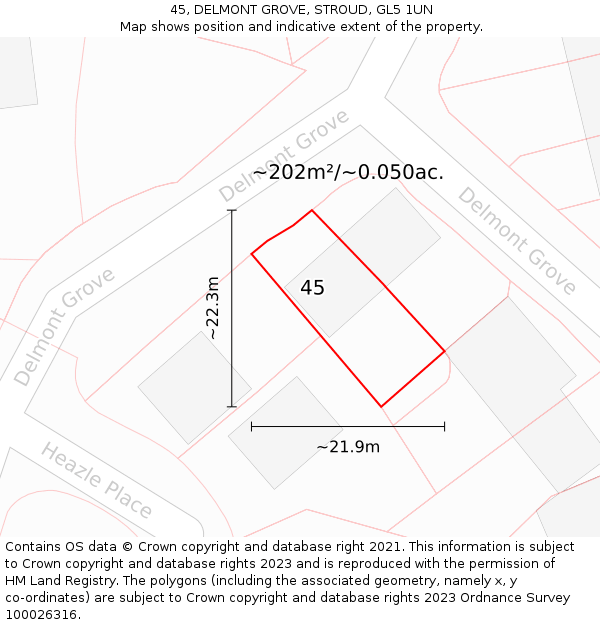 45, DELMONT GROVE, STROUD, GL5 1UN: Plot and title map