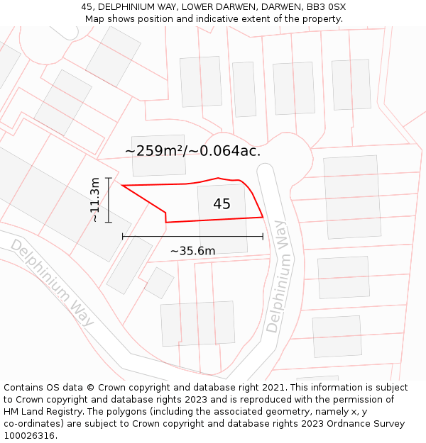 45, DELPHINIUM WAY, LOWER DARWEN, DARWEN, BB3 0SX: Plot and title map