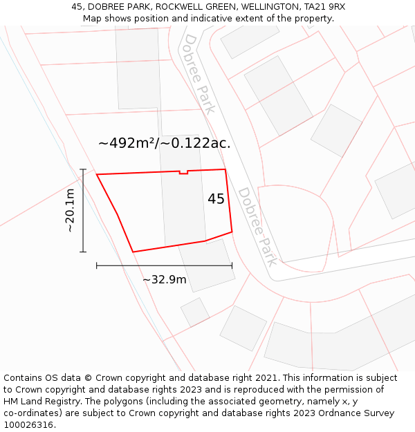 45, DOBREE PARK, ROCKWELL GREEN, WELLINGTON, TA21 9RX: Plot and title map