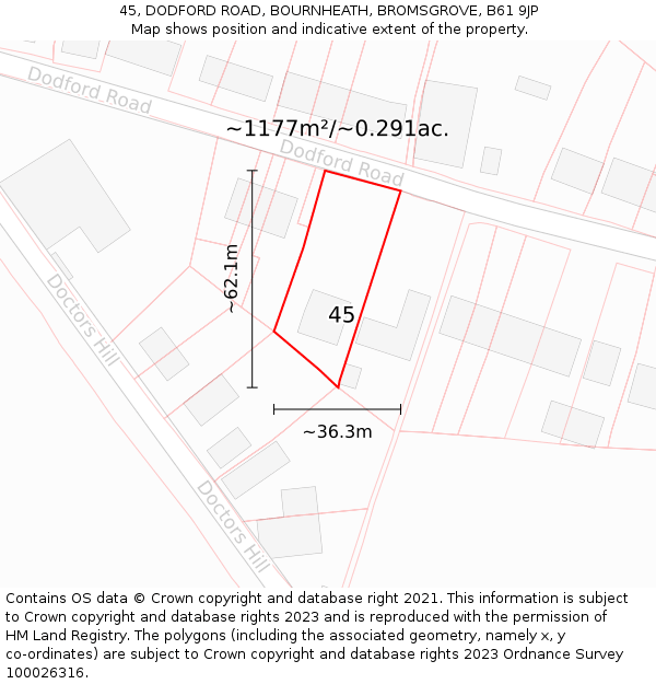 45, DODFORD ROAD, BOURNHEATH, BROMSGROVE, B61 9JP: Plot and title map