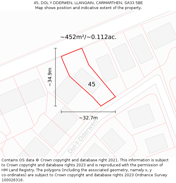 45, DOL Y DDERWEN, LLANGAIN, CARMARTHEN, SA33 5BE: Plot and title map