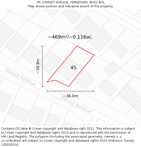 45, DORSET AVENUE, FERNDOWN, BH22 8HL: Plot and title map