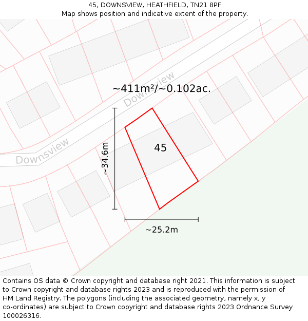 45, DOWNSVIEW, HEATHFIELD, TN21 8PF: Plot and title map