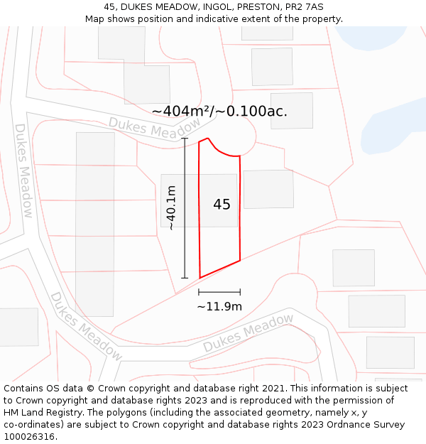 45, DUKES MEADOW, INGOL, PRESTON, PR2 7AS: Plot and title map