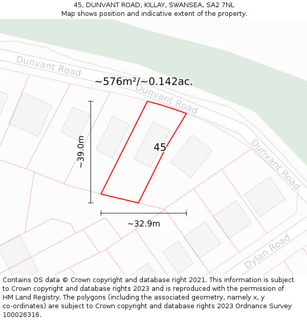 45, DUNVANT ROAD, KILLAY, SWANSEA, SA2 7NL: Plot and title map