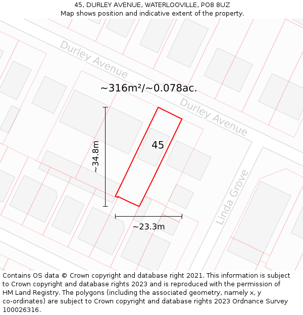 45, DURLEY AVENUE, WATERLOOVILLE, PO8 8UZ: Plot and title map