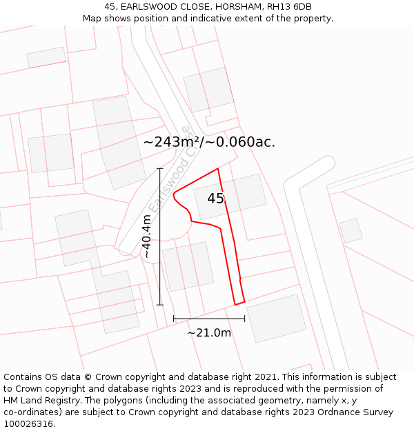 45, EARLSWOOD CLOSE, HORSHAM, RH13 6DB: Plot and title map