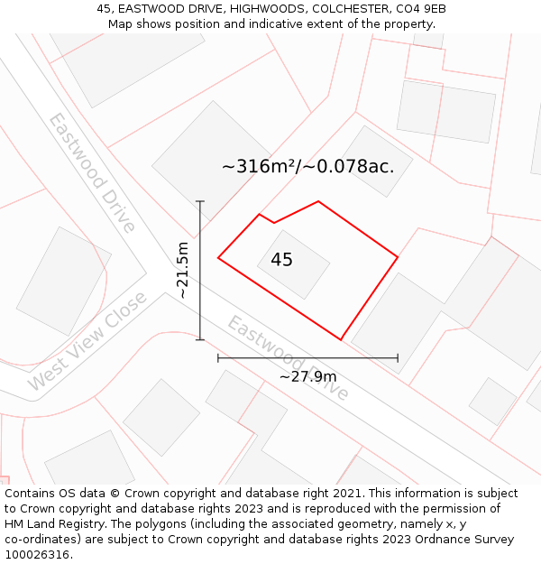 45, EASTWOOD DRIVE, HIGHWOODS, COLCHESTER, CO4 9EB: Plot and title map