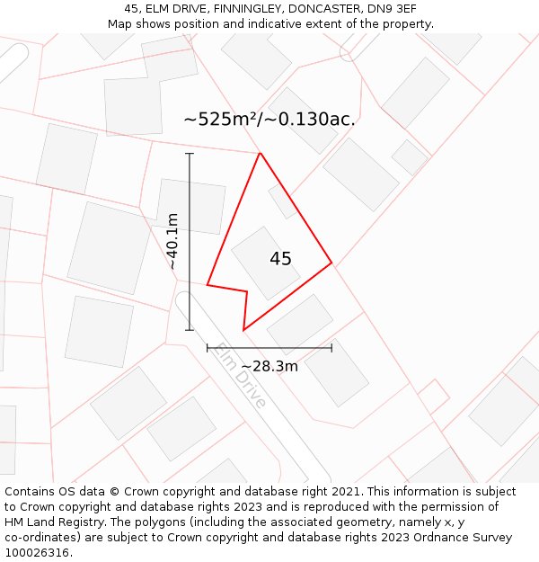 45, ELM DRIVE, FINNINGLEY, DONCASTER, DN9 3EF: Plot and title map