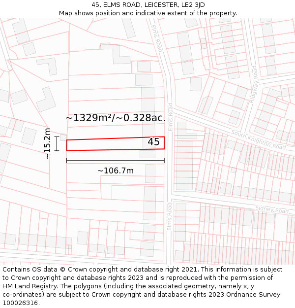 45, ELMS ROAD, LEICESTER, LE2 3JD: Plot and title map