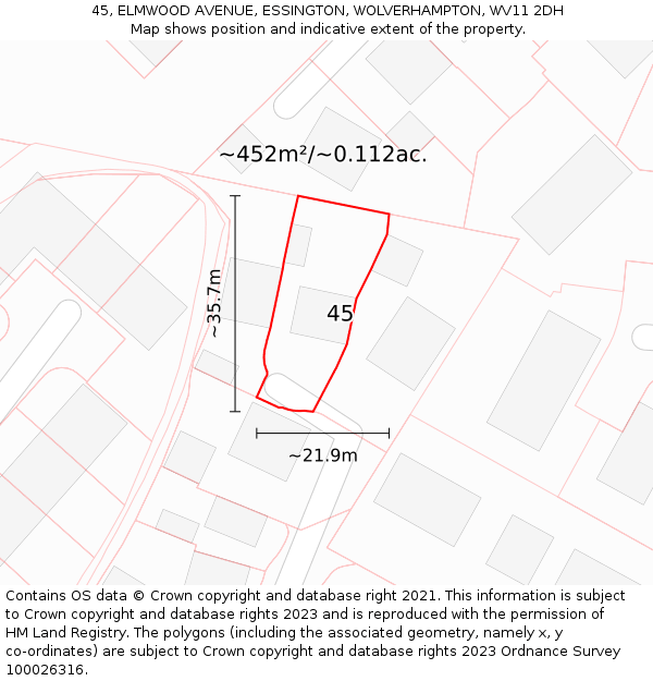 45, ELMWOOD AVENUE, ESSINGTON, WOLVERHAMPTON, WV11 2DH: Plot and title map