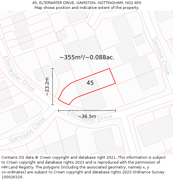 45, ELTERWATER DRIVE, GAMSTON, NOTTINGHAM, NG2 6PX: Plot and title map