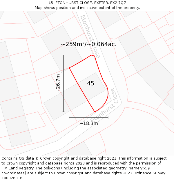 45, ETONHURST CLOSE, EXETER, EX2 7QZ: Plot and title map