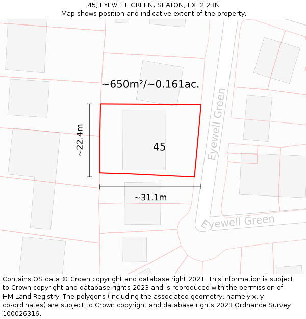 45, EYEWELL GREEN, SEATON, EX12 2BN: Plot and title map