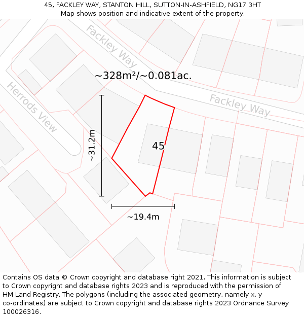 45, FACKLEY WAY, STANTON HILL, SUTTON-IN-ASHFIELD, NG17 3HT: Plot and title map