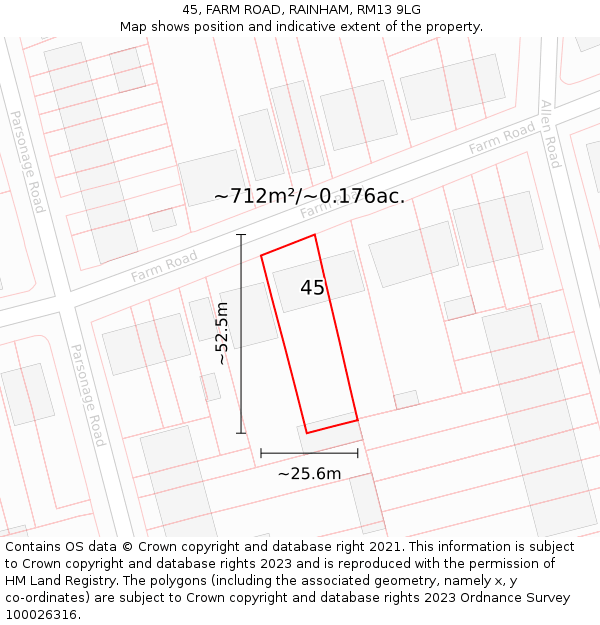 45, FARM ROAD, RAINHAM, RM13 9LG: Plot and title map