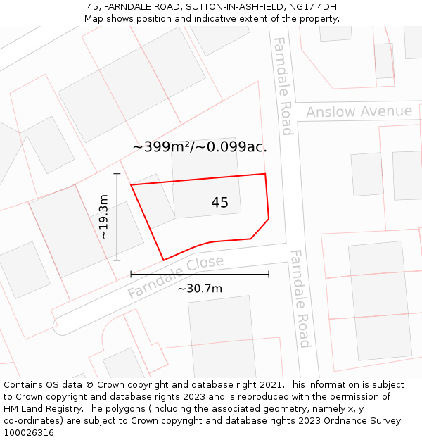 45, FARNDALE ROAD, SUTTON-IN-ASHFIELD, NG17 4DH: Plot and title map