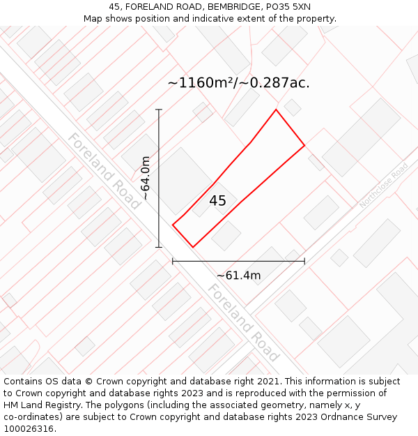 45, FORELAND ROAD, BEMBRIDGE, PO35 5XN: Plot and title map