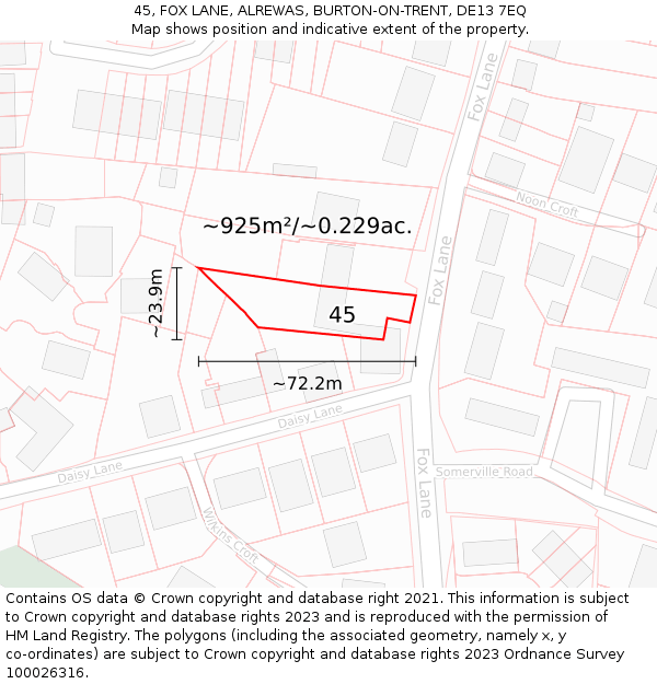 45, FOX LANE, ALREWAS, BURTON-ON-TRENT, DE13 7EQ: Plot and title map