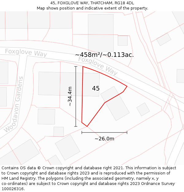 45, FOXGLOVE WAY, THATCHAM, RG18 4DL: Plot and title map