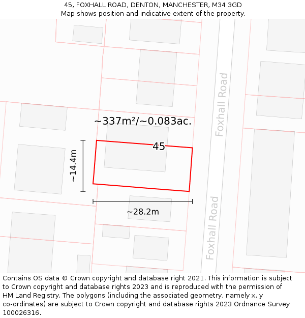 45, FOXHALL ROAD, DENTON, MANCHESTER, M34 3GD: Plot and title map