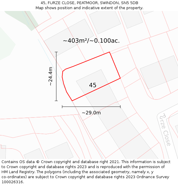 45, FURZE CLOSE, PEATMOOR, SWINDON, SN5 5DB: Plot and title map