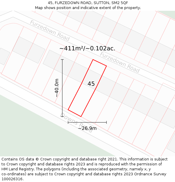 45, FURZEDOWN ROAD, SUTTON, SM2 5QF: Plot and title map